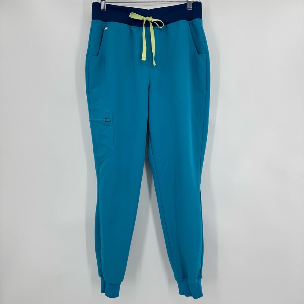 Figs Women's Teal Track Joggers with Navy Waistband & Lime Drawstring